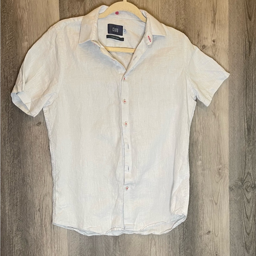 CIAO 100% Linen Short Sleeve Button Shirt Lt Blue Resort Beach Casual Mens Small